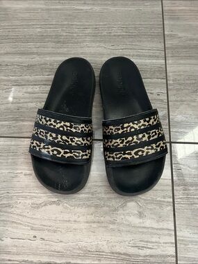 adidas Black Slide Sandals with Leopard-Print Straps